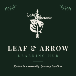 Square identity card on a dark forest green background. Sage green leaf sprigs curve inward from the top corners. Centered at top is the Leaf & Arrow logo in cream: an arrow pointing upward through a broad leaf, with an open hand resting on the leaf. Below the logo, "LEAF & ARROW" in large cream serif letters, then "LEARNING HUB" in sage green spaced lettering. Under a small sage divider line, a handwritten-style tagline reads "Rooted in community. Growing together."